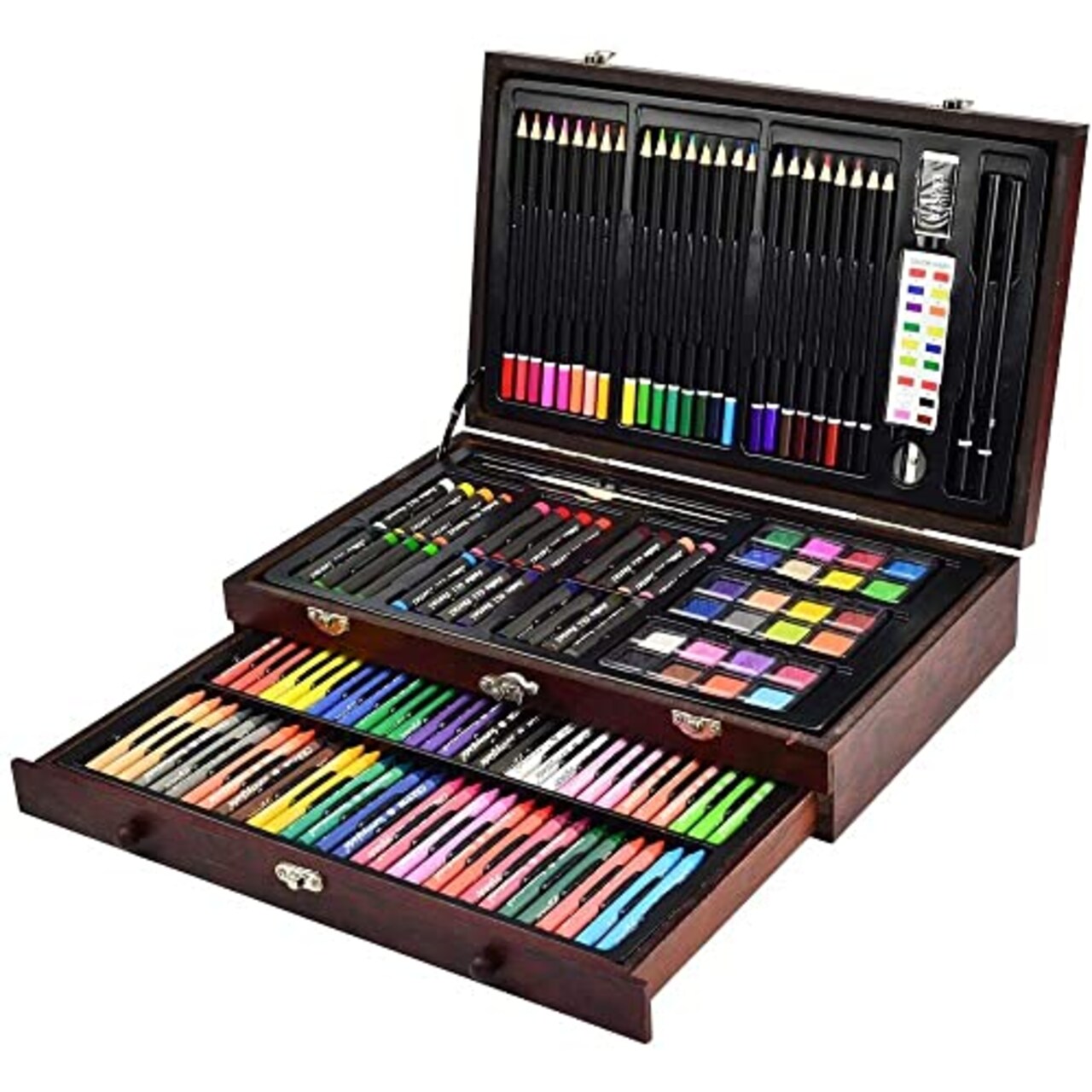 145 Piece Deluxe Art Set, Wooden Box & Drawing Kit with Crayons, Oil Pastels, Colored Pencils, Watercolor Cakes, Sketch Pencils, Paint Brush, Sharpener, Eraser, Color Chart (Cherry)